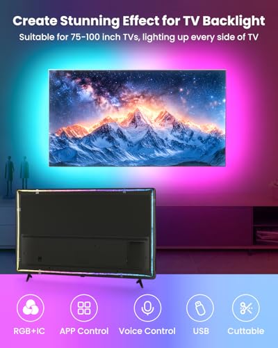 16.4ft RGB+IC LED Lights for 50-75 Inch TV, Backlight Strip Behind TV with Music Sync, Bluetooth APP and Voice Control, 44 Scene Modes, for Ambient Mood Lighting, Monitor Game, Bedroom, Living Room - size: 16.4FT