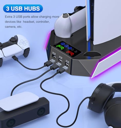 PS5/PS5 Slim Cooling Station with Controller Charging Station for PlayStation 5 Console Disc/Digital, PS 5 Cooling Stand Accessories with LED Light/Charger/Cooler Fan/3 USB Hubs/Headset Holder/Screw