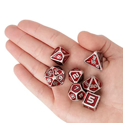 ENHANCE DND Metal Dice Set - 7pc Polyhedral Dice with 2-in-1 Vegan Leather Bag and Tray, Solid Metal Set for Dungeons and Dragons, Pathfinder, More RPGs (Collector's Edition Red) - color: Dragon Red