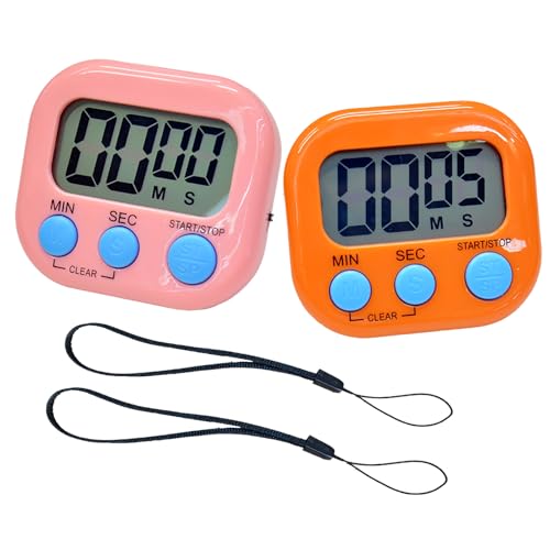 2 Pack Small Digital Kitchen Timer Magnetic Back and On/Off, Classroom Timers for Teachers Kids, Count Up Count Down Loud Alarm Stop Memory Function for Cooking Study Work Exercise (1, Pink+Orange) - color: Pink+orange