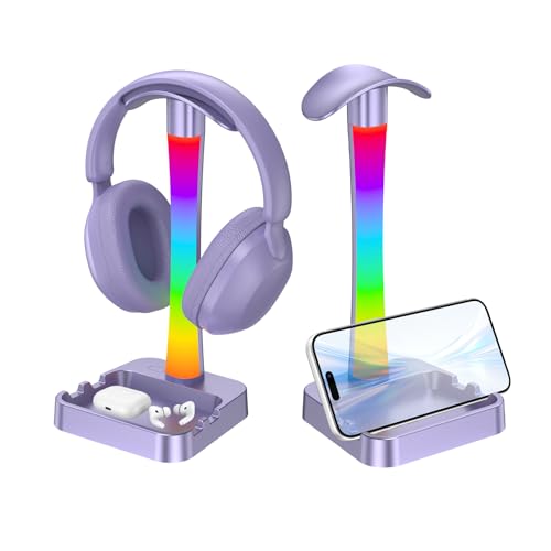 Headphone Stand with Charger,Gaming Headset stand with RGB Light Mode,For Airpod Max Stand,Desk Lamp,Phone Holder,Tablet Holder,desktop organizer,Gifts for Gamers & Music Lover (Purple) - color: Purple