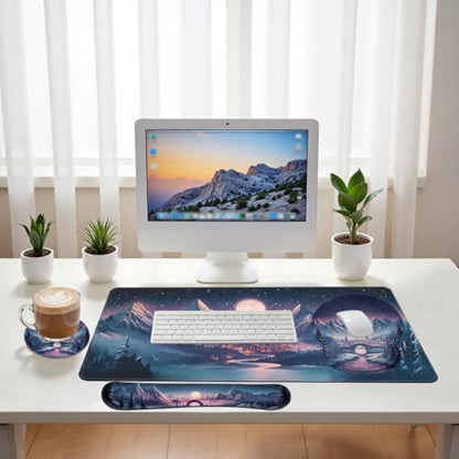 Fantasy City Desk Mat Set Night Moon Mountain Landscape Mouse Pad with Wrist Rest 4in1 Desk Mat for Desktop Ergonomic Keyboard Wrist Support Anti-Slip Computer Ergonomic Mouse Pad Home Office Gaming - color: Fantasy City