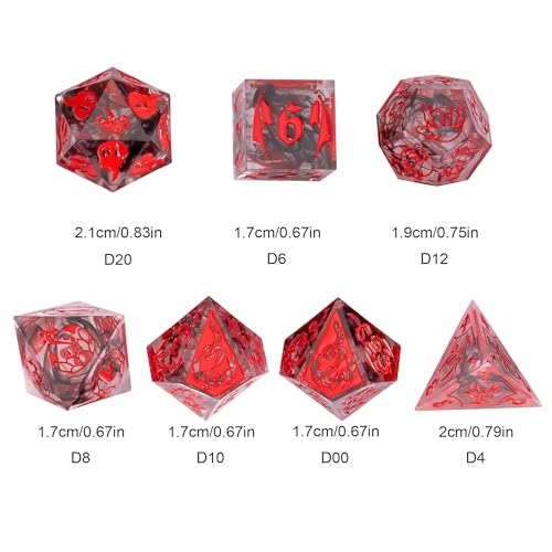 Cusdie 7-Piece Sharp Edges DND Dice Set with Dragon Pattern - Perfect for Tabletop RPGs Board Games Gifting and Collecting(Transparent Red with Balck Smoke) - color: Dragon Pattern Tr/R