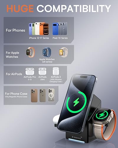ZEEHOO 3 in 1 Charging Station, iPhone Charging Station for Apple MagSafe Charger, Qi2 Certified, 15W Fast Wireless Charger, for Apple Watch, for iPhone 17,16 15,14,13,12 Series, AirPods (Black) - color: Black