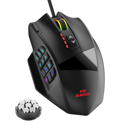 RED SAMURAI Wired MMO Gaming Mouse, 18 Programmable Buttons, 16400 DPI | 18 programmable macro buttons, 16400 DPI optical sensor, adjustable weights, ergonomic stable grip, RGB, MMO MOBA FPS.