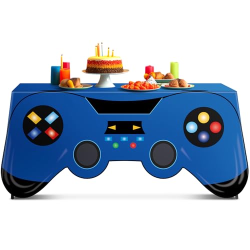 6 Ft Video Game Tablecloth Birthday Party Decoration Blue Gaming Controller Shaped Table Cover Game Pad Table Covers Protector Washable Polyester Party Supplies for Gamer Player Birthday Decoration
