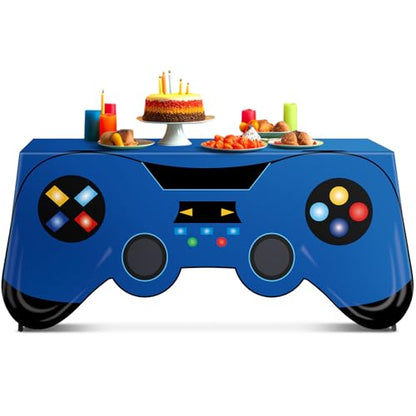 6 Ft Video Game Tablecloth Birthday Party Decoration Blue Gaming Controller Shaped Table Cover Game Pad Table Covers Protector Washable Polyester Party Supplies for Gamer Player Birthday Decoration