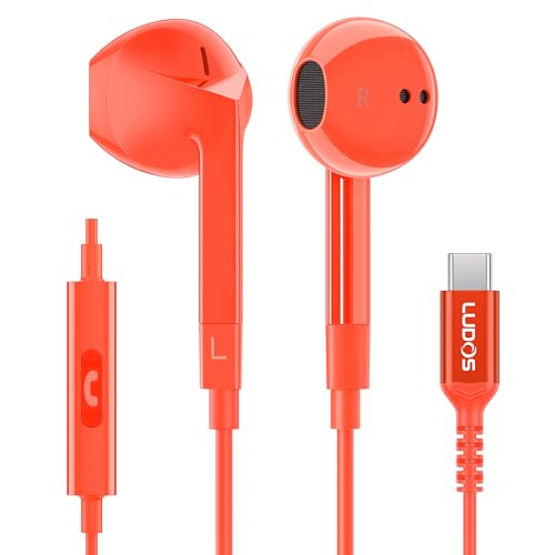 LUDOS FEROX USB C Headphones for iPhone 17 16 15 Pro Max Plus Air iPad Pro, 5 Years Warranty, USB-C Earbuds for Samsung Galaxy S24 S23 Ultra S22 S21 FE S20 Z Flip 3 Fold 4 A53, USB Type C Earphones - color: Coral, style: USB-C