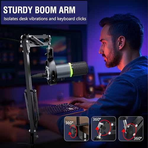 Gaming Microphone Kit for Streaming & Podcast, Dynamic RGB PC Mic with USB/XLR Cable, Boom Arm Stand, Mute Button, Headphone Jack, Ideal for Vocals, Voice-Over & Zoom Calls/Teams Meetings. - color: Gray
