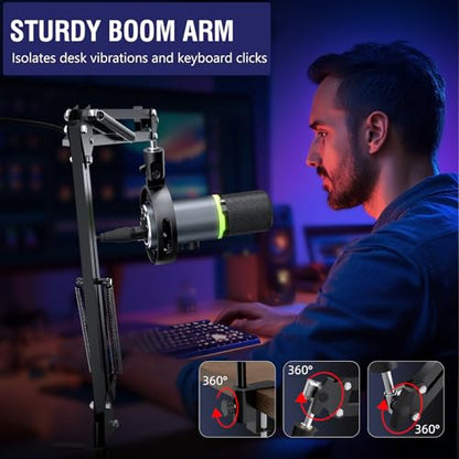 Gaming Microphone Kit for Streaming & Podcast, Dynamic RGB PC Mic with USB/XLR Cable, Boom Arm Stand, Mute Button, Headphone Jack, Ideal for Vocals, Voice-Over & Zoom Calls/Teams Meetings. - color: Gray