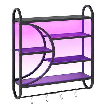 HOOBRO Gaming Floating Shelves with LED Lights, 28.9" LED Wall Mounted Shelf, 5-Tier Display Rack for Wall Storage, Floating Rack with Hanging Rod and 4 S-Hooks, for Game Room, Black BB50DBJ01 - color: Black