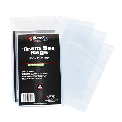 BCW Resealable Team Set Bags, Holds 35 Cards or 5 Toploaders, 200 Count | Holds up to 35 loose cards, 5 standard 35 pt toploaders, or magnetics up to 108 pt with an adhesive flap closure. - size: 200 Pack