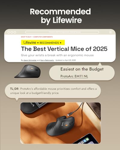 ProtoArc EM11 NL Wireless Ergonomic Vertical Mouse, White | 58° vertical design supports a natural wrist posture; connect 3 devices via Bluetooth/2.4G USB-A; 500mAh USB-C rechargeable. - color: White