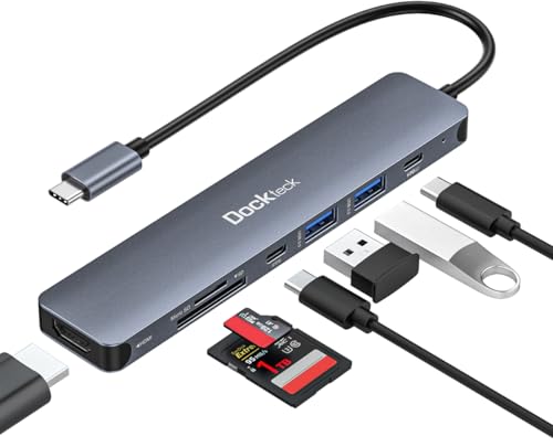 USB C Hub, dockteck 7 in 1 Multiport USB C Adapter with 4K HDMI, 100W PD, 5 Gbps USB-C, 2 USB-A Data Ports, SD/TF Card Reader for MacBook Pro/Air, iPad Pro, Surface Pro, Steam Deck, XPS, HP - style: Lite series