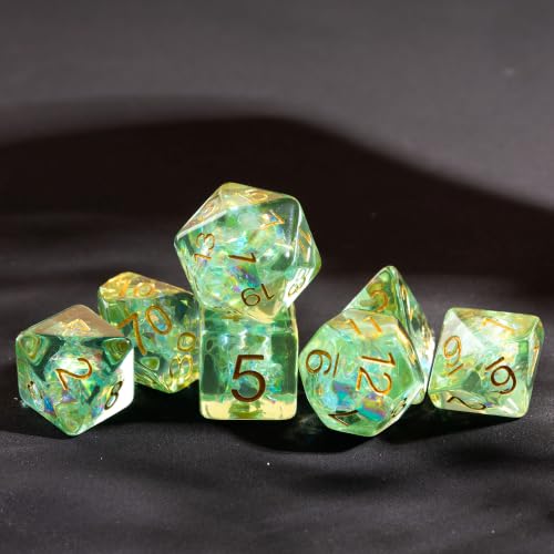 UDIXI Green DND Dice Set, Polyhedral Dice Set Iridescent Inclusions for D&D | Resin Material, Velvet Storage Bag, DM Gift, for Dungeons and Dragons Role Playing Games Tabletop Games - color: Light Green