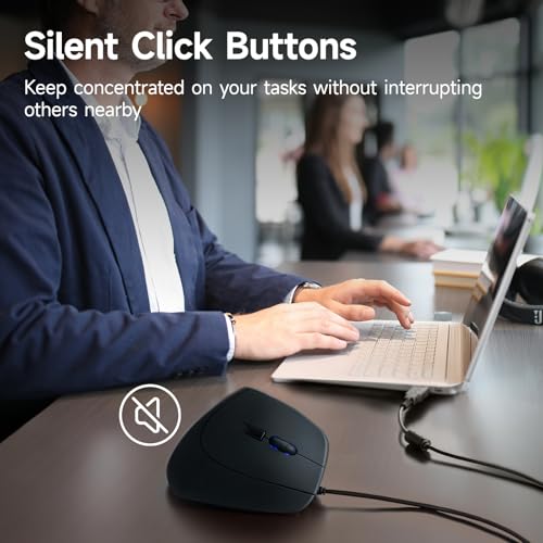 SANWA Wired Ergonomic Vertical Mouse, Silent Click & Remap with Software | 3 Programmable Buttons, Optical USB Mouse, 1000/1600 DPI, Wrist Relief, 55° Natural Comfort, Compatible Win/Mac/Laptop/PC