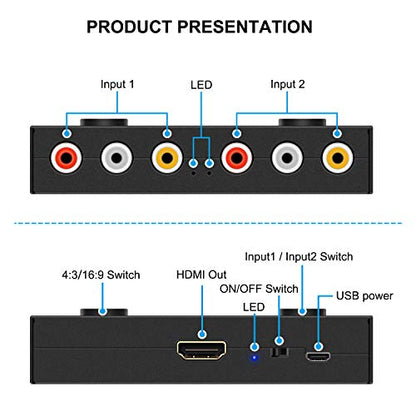 2 AV to HDMI, 1080P/720P TV 2 Way RCA Composite CVBS AV Switch to HDMI Video Audio Converter Adapter Support 4:3/16:9 Switching, for Sega Xbox PS2 PS3 N64 NGC SNES WII VHS VCR Camera DVD - style: 2 RCA Converter