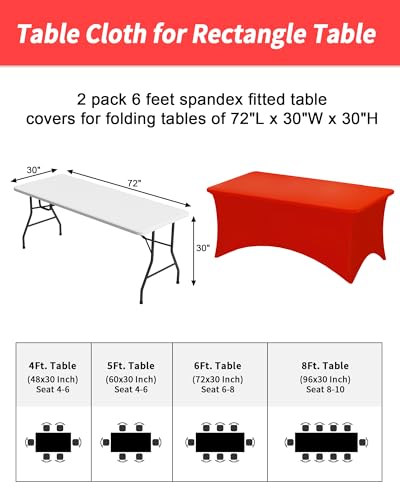 Fixwal Red Stretch Table Cloth Rectangle 2 Pack 6Ft, Spandex Fitted Table Covers Washable for Party, Trade Show, Banquet, Wedding, Buffet - color: Red, size: 6 Ft
