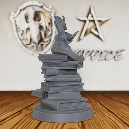 AUSPDICE Reading Dragon Miniature for Tabletop RPGs, 32mm DND Minis AS20 | Unpainted Resin Book Dragon on Stacked Tomes for DND, Dungeon Masters, Fantasy Collectors, Tabletop Gamers and RPG Gifts