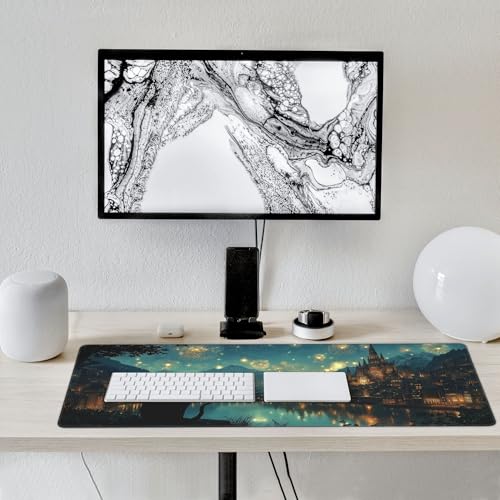 Castle Fireworks XXL Gaming Mouse Pad, Fantasy Night Sky Design with Cat Silhouette, Extended Desk Mat, Non-Slip Base, Stitched Edges 35.4" x 15.7" - color: Black Cat Castle Night View