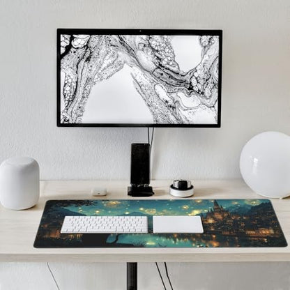 Castle Fireworks XXL Gaming Mouse Pad, Fantasy Night Sky Design with Cat Silhouette, Extended Desk Mat, Non-Slip Base, Stitched Edges 35.4" x 15.7" - color: Black Cat Castle Night View