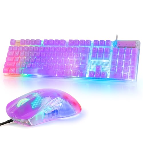 RGB Gaming Keyboard and Mouse Combo,USB Wired Custom Clear Keyboards | Rainbow LED Backlight Transparent Keyboard Mouse Set for Computer Windows PC PS4 Xbox Laptop - color: Clear Purple