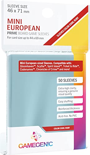 Prime Board Game Sleeves | Pack of 50 Extra-Clear Sleeves |46 by 71 mm Card Sleeves Optimized for Use with Mini European Card Games | Premium Card Protection | FFG Ruby Color Code | Made by Gamegenic