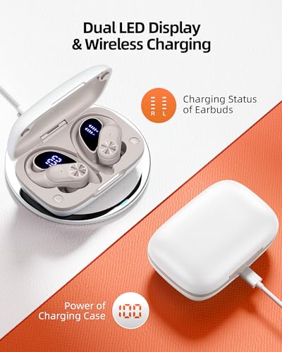 PocBuds Bluetooth Headphones Wireless Earbuds 80hrs Playtime Wireless Charging Case Digital Display Sport Ear Buds with Earhook Deep Bass IPX7 Waterproof Over-Ear Earphones for Phone Laptop Beige - color: Beige, style: Standard