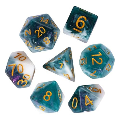 DND Dice Set 7PCS Glitter Polyhedral Dice Set with Storage Bag for D&D Role Playing Games and Tabletop Games (Cyan & White) - color: Glitter-white&cyan