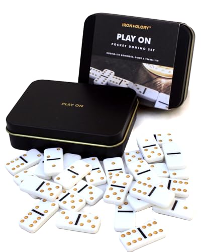 Iron & Glory Travel Dominoes Set - Dominoes Set for Adults - Travel Games - Play On Domino Game - Board Games - Mini Size Domino Deluxe Tin Case - Pocket Size - Family Night Gameplay - Gifts for Him