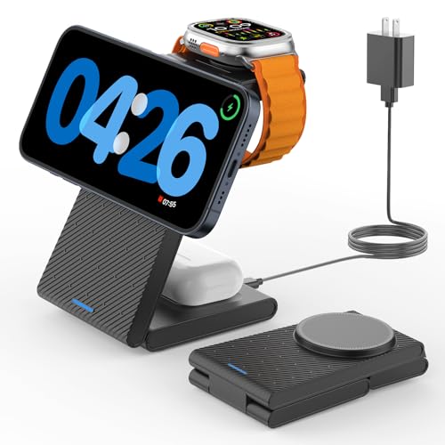 GEEKERA 3 in 1 Wireless Charging Station for Magsafe, Foldable Magnetic Wireless Charger Stand for Multiple Devices, Wireless Charger for iPhone 17 16-12 Series, Apple Watch 11-2, AirPods 4/3/2/Pro - color: Carbon Black
