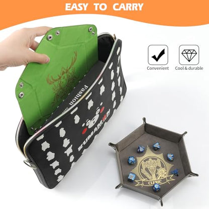 Grajar 6 Pcs DND Dice Tray with Characters Pattern for RPG D&D Table Games - Folding PU Leather and Velvet Rolling Holder Storage Box - color: Character Series 1
