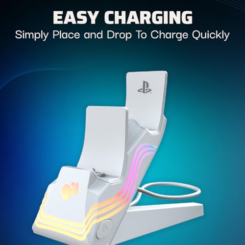 PDP Afterglow Wave Dual Charger for PS5, PS4, PlayStation Controllers | Customizable RGB Lighting, Charges 2 DualSense Controllers, Rechargeable 40-Hr Battery, Licensed for PlayStation 5 & 4, White - color: White, style: PlayStation