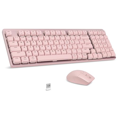 LeadsaiL Wireless Keyboard and Mouse Combo, 2.4Ghz Cordless Mechanical Keyboard and Silent Mouse for Business, Low-Profile Red Switch, 98-Key Compact Slim Keyboard for Windows/MacOS PC Laptop - Pink - color: Pink