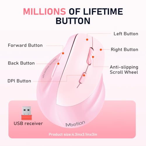 MEETION Ergonomic Wireless Vertical Mouse, Rechargeable, Pink | Bluetooth 5.2 + 3.0 and USB connectivity, RGB backlight, 4 DPI adjustment, compatible with Windows, Mac, Android, PC and iPad - color: Right Pink