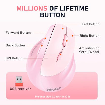 MEETION Ergonomic Wireless Vertical Mouse, Rechargeable, Pink | Bluetooth 5.2 + 3.0 and USB connectivity, RGB backlight, 4 DPI adjustment, compatible with Windows, Mac, Android, PC and iPad - color: Right Pink