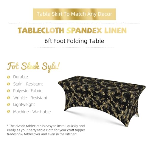 Famame Gold Bee Seamless Rectangular Fitted Tablecloth- 6Ft Stretch Spandex Table Covers Patio Design Tablecloths for Wedding Banquet Party (72Lx30Wx30H) - color: Gold Bees, size: 3" x 1" (Rectangular)