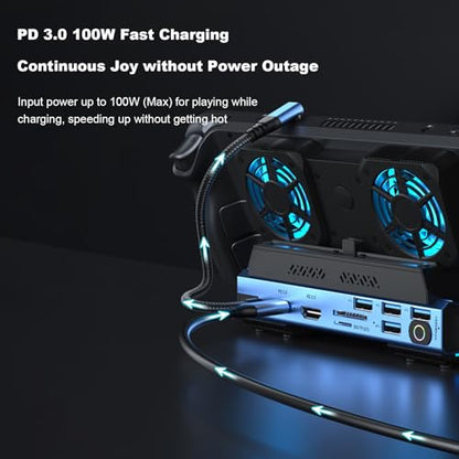 Zunate 9 in1 USB C Docking Station with Dual Cooling Fans, 4K 60Hz HDMI, 100W PD, Gigabit Ethernet, 6 USB Ports, Foldable Stand for Handheld Consoles