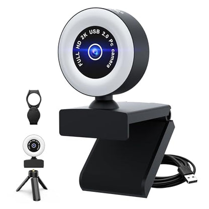 USB HD 1080P Video Webcam，with Ring Ligh and Microphoneand Rotatable Tripod& Privacy Cover for PC，, Fast AutoFocus，with Auto White Balance for Video Calls, Live Streaming Gaming & Online Meetings