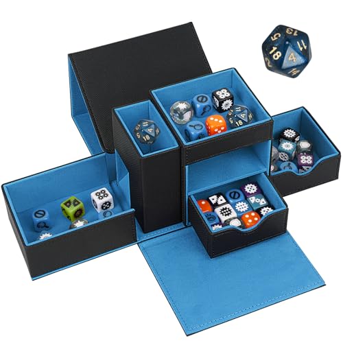 Dice Tray & Dice Roller Tower, Magnetic Dice Storage Box for Rolling, 3 in 1 Leather Dice Organizer Holder Fits for Dungeons & Dragons, MTG DM and Player, Black & Blue - color: Black & Blue, style: Style B