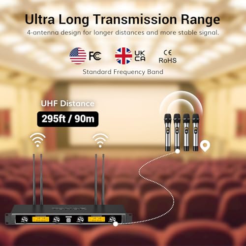 TONOR Wireless Microphones System, 4x10 Channel UHF Wireless Mic, 4 Handheld Adjustable Frequency Metal Cordless Dynamic Mic, Multiset Operation, 90 m Ideal for Karaoke Singing Wedding Church, Silver - style: 4 Mics