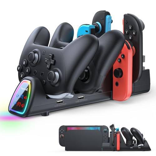 FASTSNAIL Switch Controller Charger for Nintendo Switch 2/1/OLED for JoyCon | 10 in 1 Fast Charging Dock Station for 2 Pro Controller 2/1 & 4 Joycon, Storage Stand Accessories, 11 RGB Mode, LED Indicator - color: Black, size: 6.2/7.0 /7.9 inch