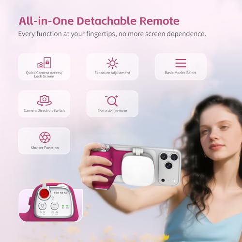 COMITOK iPhone Camera Grip MOCA with Magnet Fill Light & Mirror for 17 Pro iOS26 Native Camera, Fun Shot Magnetic Grip for Phone Compatible iOS17 and iOS18 with Anti-Drop Detachable Remote & Keychain - color: Fuchsia