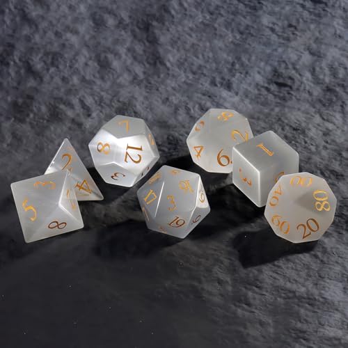 LUCKY-M Cat Eye Gemstone Dice DND Set, 7PCS Natural Handmade Dice for Dungeons and Dragons, D&D Accessories Men Gift (White) - color: Cat Eye- White