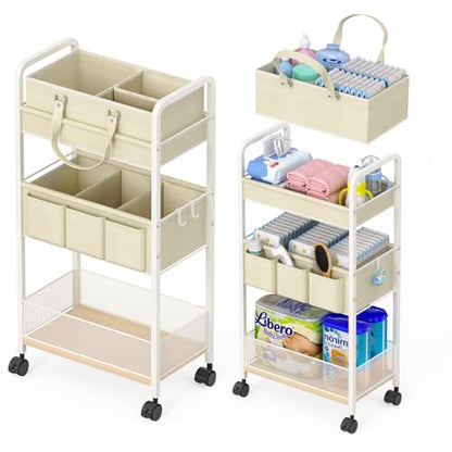 2In1 Baby Diaper Caddy & 3-Tier Rolling Cart, Diaper Caddy Organizer Carts with Dividers, Mobile Metal Utility Cart for Nursery Essentials, Detachable Bedside Cart, Large Capacity, White - color: Off White