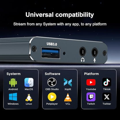 4k HDMI Capture Card for Streaming, Full HD 1080P 60FPS Capture USB 3.0 Game Audio Video Capture Card,for PS4/PS5/Xbox/Switch/OBS/Camera/PC/Laptop/Mac Plug and Play