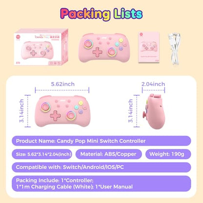 IINE Wireless Controller for Switch/PC/Android/IOS, Cute Gamepad with RGB Lights, Mini Pro Controller with Turbo/Macro/NFC Amiibo/Motion Sensor/Wake-Up/Rumble (Pink) - color: Pink