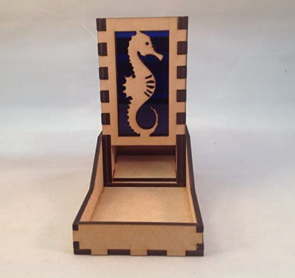 Seahorse Mini Dice Tower v1 Dark Blue Acrylic Window Laser Cut MDF Unique Fast Shipping