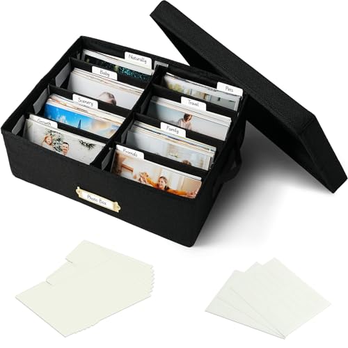 Linen Photo Storage Box with Adjustable Hook and Loop Dividers, Holds 1700 4"x6" Photos, Collapsible Picture Organizer with Handle and Label Stickers, Memory Keepsake Box for Women, Black - color: Black, size: 13.78"x11"x 5.12"