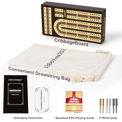 ESENHARBER Foldable Wooden Cribbage Board Set - Elegant 3-Track Design with Magnetic Closure, 9 Metal Pegs, Full Deck of Cards, Perfect for Family Game Nights and Travel - style: Foldable